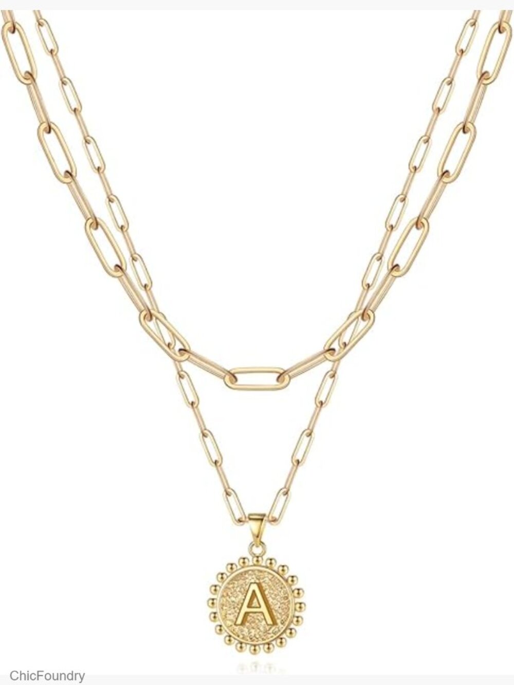 Layered Initial Necklace 14k Gold Plated Dainty Paperclip Chain Coin Pendant 18